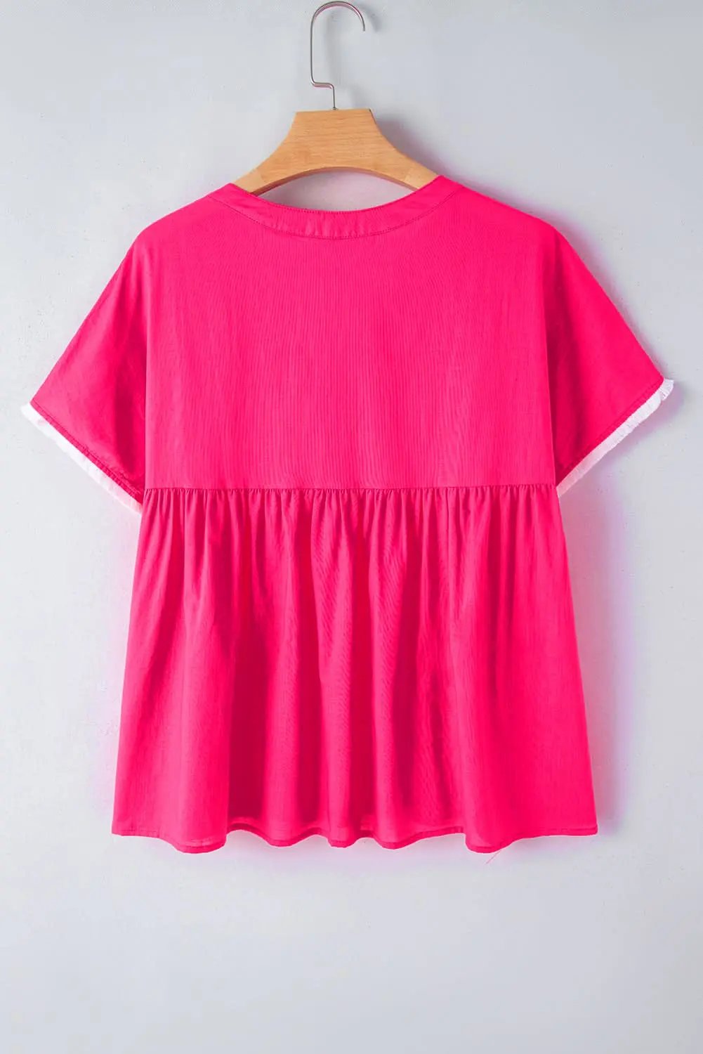 Strawberry Pink Geometric Embroidered Tassel Tie V Neck Blouse - Love Salve